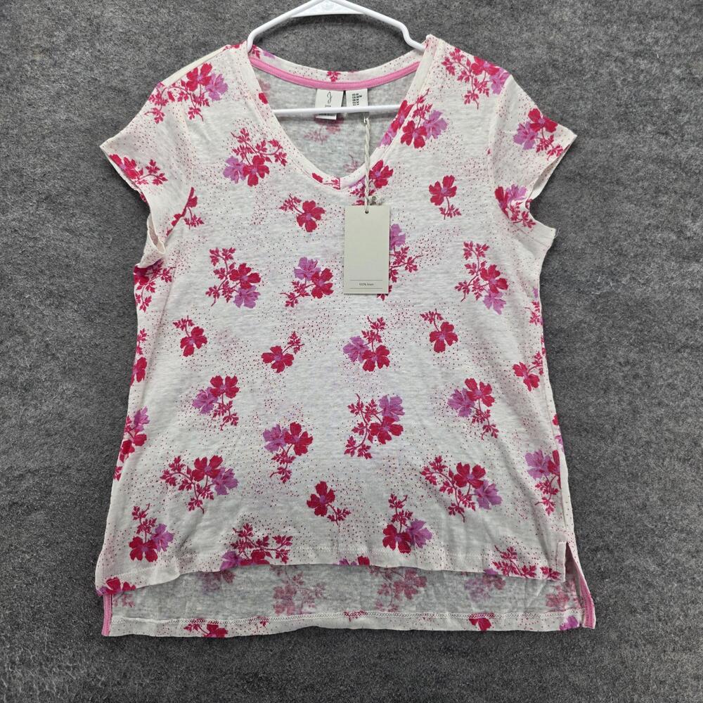 Joie Shirt Womens Medium Pink Floral 100% Linen V Neck Cap Sleeve Top Casual